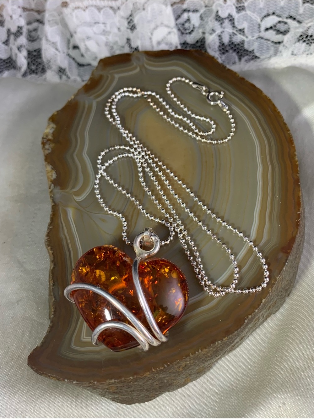 Sterling Silver Heart Pendant Necklace with Amber-vintage pendant.